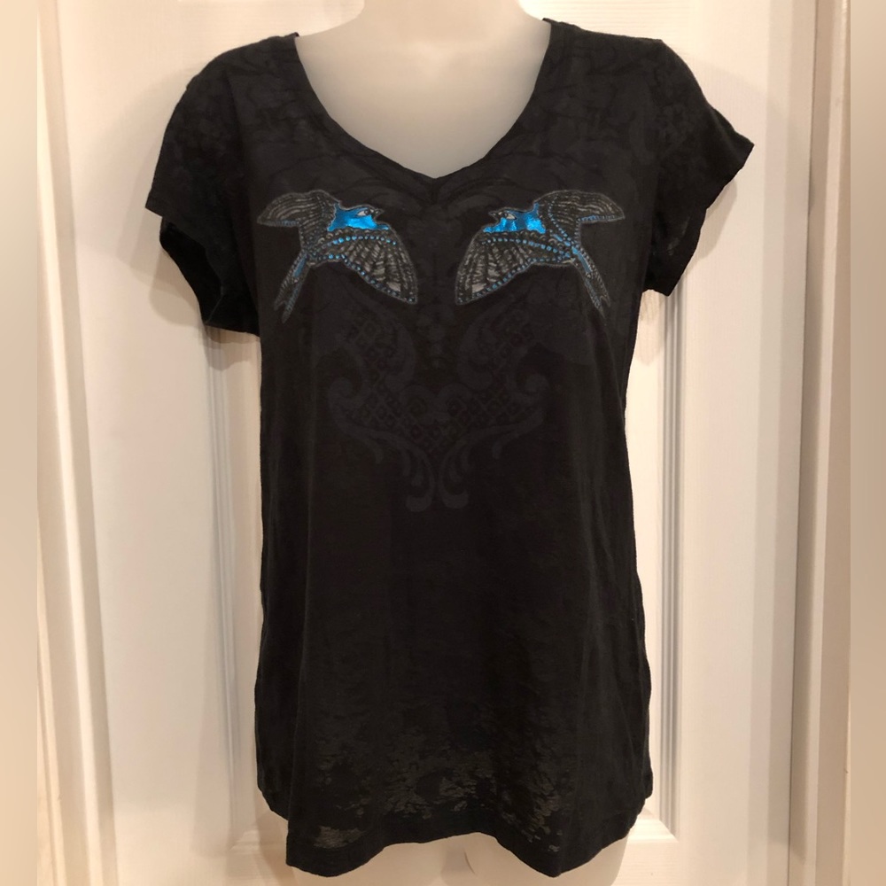 Artist Series Women Short Sleeve Tee Black Burnout Blue Metallic Swallow Birds